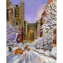 new york streets in the snow cityscape. original gouache painting 10x8'