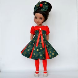 Christmas set with snowflakes. Dress, stockings, hair bow for RRFF doll.