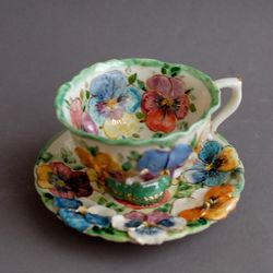 Pansies Cup and saucer, Porcelain Flowers Tea Set, Multicolored violets, Volumetric decor ,Hand painted inside cup,