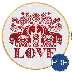 Love. Dala horse for cross stitch pattern red & white