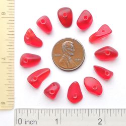 12 recycled handmade center drilled small sea glass for jewelry 10-14 mm in length, beautiful red