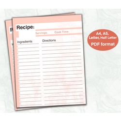 Recipe Template, Printable Recipe, Recipe Page, Cookbook Template, Recipe Card Template, Recipe Printable, Recipe Book T