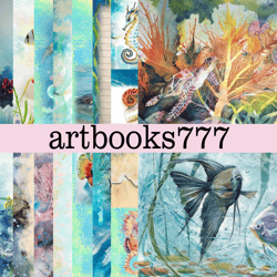 ocean-9, scrapbooking, digital paper, sheets for book or journal, sea, beach, marine, ocean, jellyfish, turtle