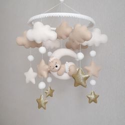 baby girl nursery mobile with bear on the moon. nursery decor. baby shower gift.