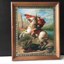 St George slaying the Dragon | Icon Gold Foiled in Wooden  frame with Glass | Size: 7" x 9,5" | Handcrafted