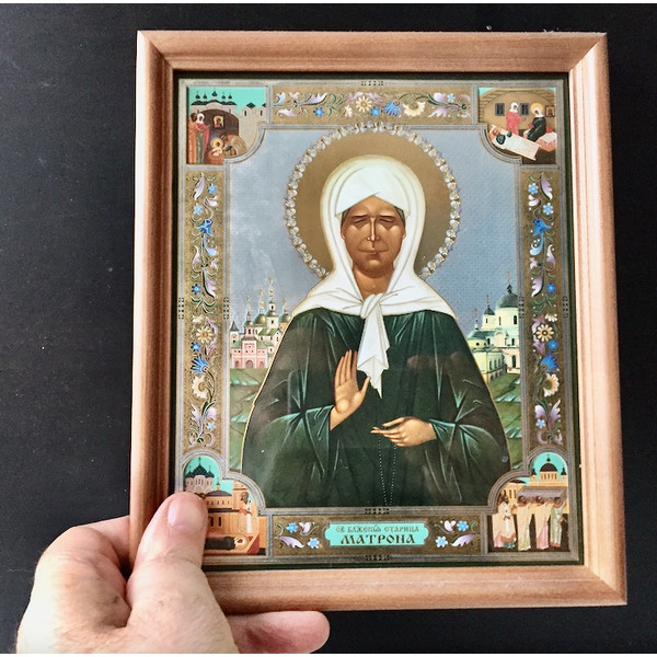 Saint Matrona of Moscow | Icon Gold Foiled in Wooden  frame with Glass