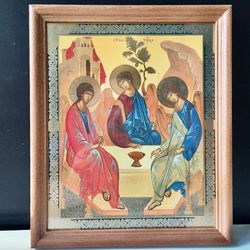 The Holy Trinity | Icon Gold Foiled in Wooden  frame with Glass | Size: 7" x 9,5" | Handcrafted
