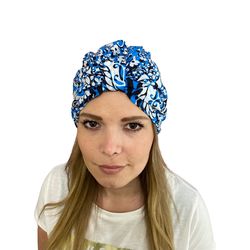 Blue Russian Instant Turban made of Pavlovo Posad shawl cotton 56-60 cm