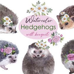 watercolor clipart. with bouquets clipart. woodland hedgehog. watercolor set of cute hedgehogs with beautiful bouquets