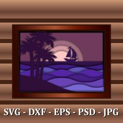 3D Papercut Panel. Multi layered template for CNC cut. Night Sea View, Ocean Sunset. Wall art for home interior decor