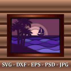 3d papercut panel. multi layered template for cnc cut. night sea view, ocean sunset. wall art for home interior decor