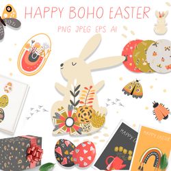 happy easter boho spring clipart, easter invitation, easter pattern, easter card, spring set, wreaths, hens graphics