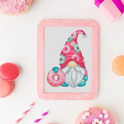 Gnome with a donut, Cross stitch pattern, Donut cross stitch, Sweets cross stitch, Counted cross stitch