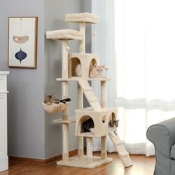 Plush tall cat tree with cat ladders