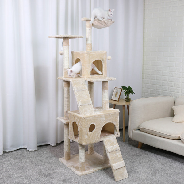 two-cats-are-playing-on-the-tall-cat tree