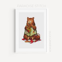 Seamstress Bear  cross stitch pattern PDF and Saga