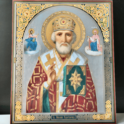 Saint Nicholas | Large XLG Silver and Gold foiled icon on wood | Size: 15 7/8" x 13 1/8"