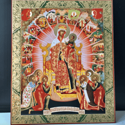 Mary Queen Surrounded by Feast Days | Large XLG Silver and Gold foiled icon on wood | Size: 15 7/8" x 13 1/8" 1/8"