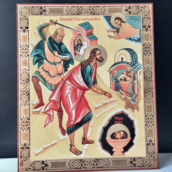 Beheading of Saint John the Baptist  | Large XLG Silver and Gold foiled icon on wood | Size: 15 7/8" x 13 1/8"