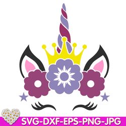 Unicorn with crown face horn roses crown rainbow birthday digital design Cricut svg dxf eps png ipg pdf, cut file
