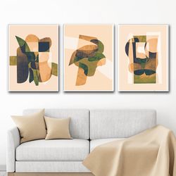 Abstract Triptych Orange Decor Green Art Modern Artwork Set Of 3 Prints Printable Wall Art Large Print Geometric Poster