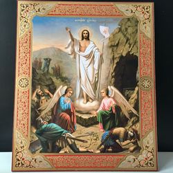 The Resurrection of Jesus |  Christ is risen! | Large XLG Silver and Gold foiled icon on woo | Size: 15 7/8" x 13 1/8"