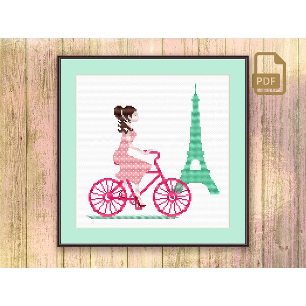 Paris By Bike Cross Stitch Pattern, Paris Cross Stitch Pattern, Bike Cross Stitch Pattern, Modern Home Decor #oth_004
