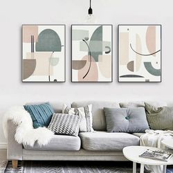 Geometric Art 3 Piece Prints Gray Pink Art Abstract Painting Printable Wall Art Triptych Set Of 3 Posters Large Artwork
