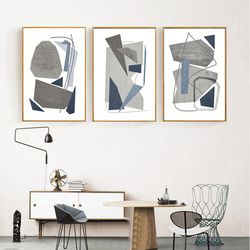 Geometric Art 3 Piece Prints Navy Gray Art Printable Wall Art Abstract Painting Triptych Set Of 3 Posters Large Artwork