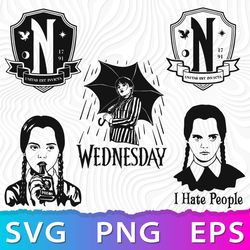 Wednesday Addams SVG, Jenna Ortega, Addams Family PNG, Wednesday Girl With Umbrella, Nevermore Emblem