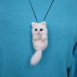 White cat necklace pendant for women Needle felted cute cat figurine Handmade cat jewelry Cat lover gift for girl