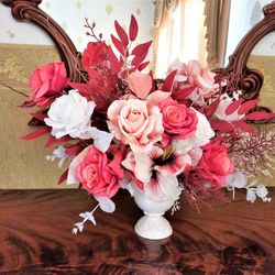 artificial roses arrangement, red and white floral centerpiece, faux roses table arrangement, red flowers arrangement