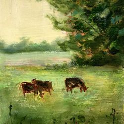 Highland Cow Original Painting Farm Animal Art Landscape Artwork Oil Painting 7 by 5