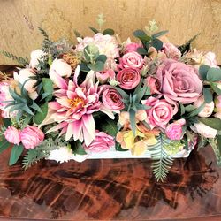 Silk flower centerpiece, Roses, dahlias and hydrangea arrangement, Summer floral table décor, Faux flowers table decor,