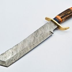 RARE CUSTOM DAMASCUS STEEL BOWIE HUNTING KNIFE STAG ANTLER HARD WOOD HANDLE