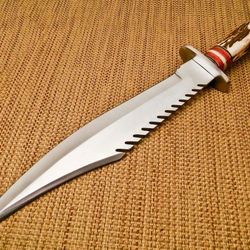 CUSTOM D2 TOOL STEEL STEEL BOWIE HUNTING KNIFE STAG ANTLER HARD WOOD HANDLE