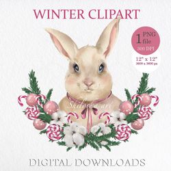 Cute rabbit, Digital illustration, Christmas wreath. Sublimation PNG. Clipart PNG. Digital download.