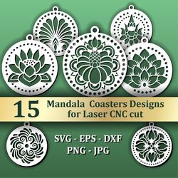 15 mandala coasters, laser cnc cut files. floral design in asian style. elements for home decor