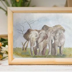Elephants animal painting living room wall art original watercolour hand painted modern painting