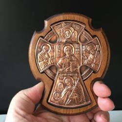 The cross "Tsar of Glory" Novgorod (copy), 11x14 cm. Metallogalvanika, copper coating, four-pointed wooden base