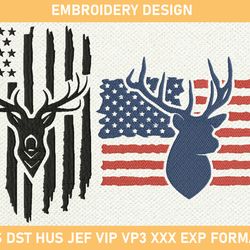 Deer USA Flag Embroidery Designs, Hunting Deer Flag Embroidery Design, Deer distressed flag Embroidery Design, Bu 3 size