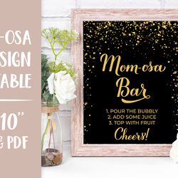Mom-osa Bar Sign Printable. Black and Gold Baby Shower Sign
