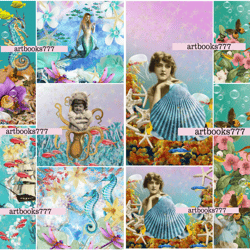 Ocean-mermaid-ephemera-1, scrapbooking, digital paper, sheets for a book or journal, sea, beach, marine