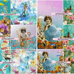 ocean-mermaid-ephemera-1, scrapbooking, digital paper, sheets for a book or journal, sea, beach, marine