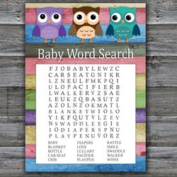 Owl Baby shower word search game card,Woodland Baby shower games printable,Fun Baby Shower Activity,Instant Download-385