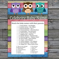 Owl Celebrity baby name game card,Woodland Baby shower games printable,Fun Baby Shower Activity,Instant Download-385