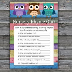 Owl Nursery rhyme quiz baby shower game card,Woodland Baby shower games printable,Fun Baby Shower Activity--385