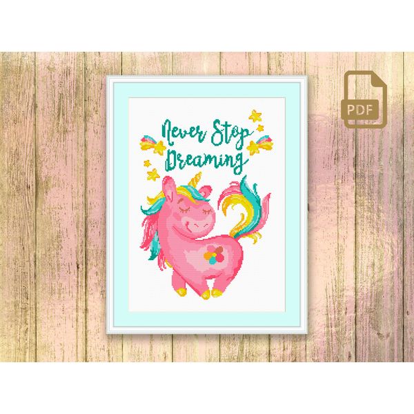 Never Stop Dreaming Cross Stitch Pattern, Sweet Dreams Cross Stitch Patterns, Unicorn Cross Stitch Pattern, Nursery Cross Stitch Pattern #qt_007