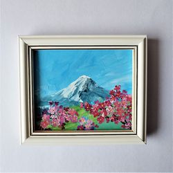 Small landscape painting, Small wall art, Japanese landscape painting, Pink cherry blossom painting, Sakura wall art
