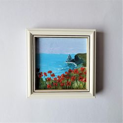 Small wall art, Poppy wall art, Small landscape paintings, Miniature painting acrylic, Small coastal wall art